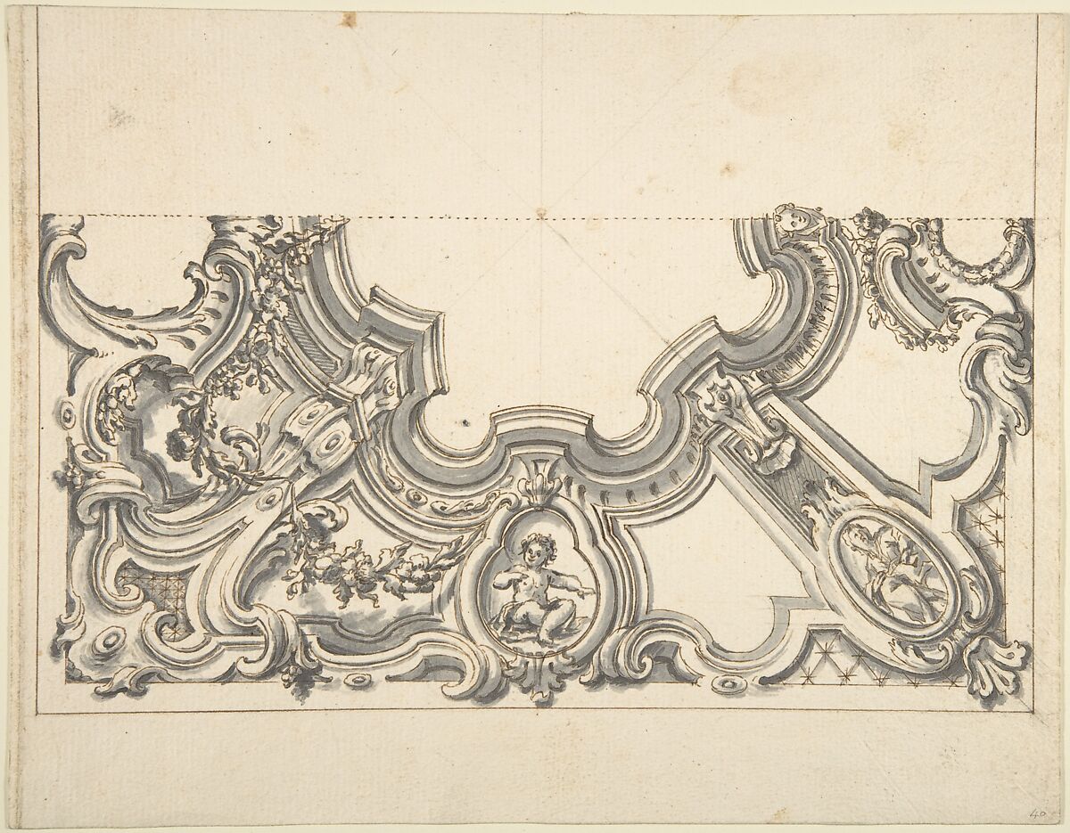 Design for One Half of a Ceiling, Anonymous, Italian, Piedmontese, 18th century, Pen and brown ink, brush and gray wash, over black chalk, with ruled and compass construction 