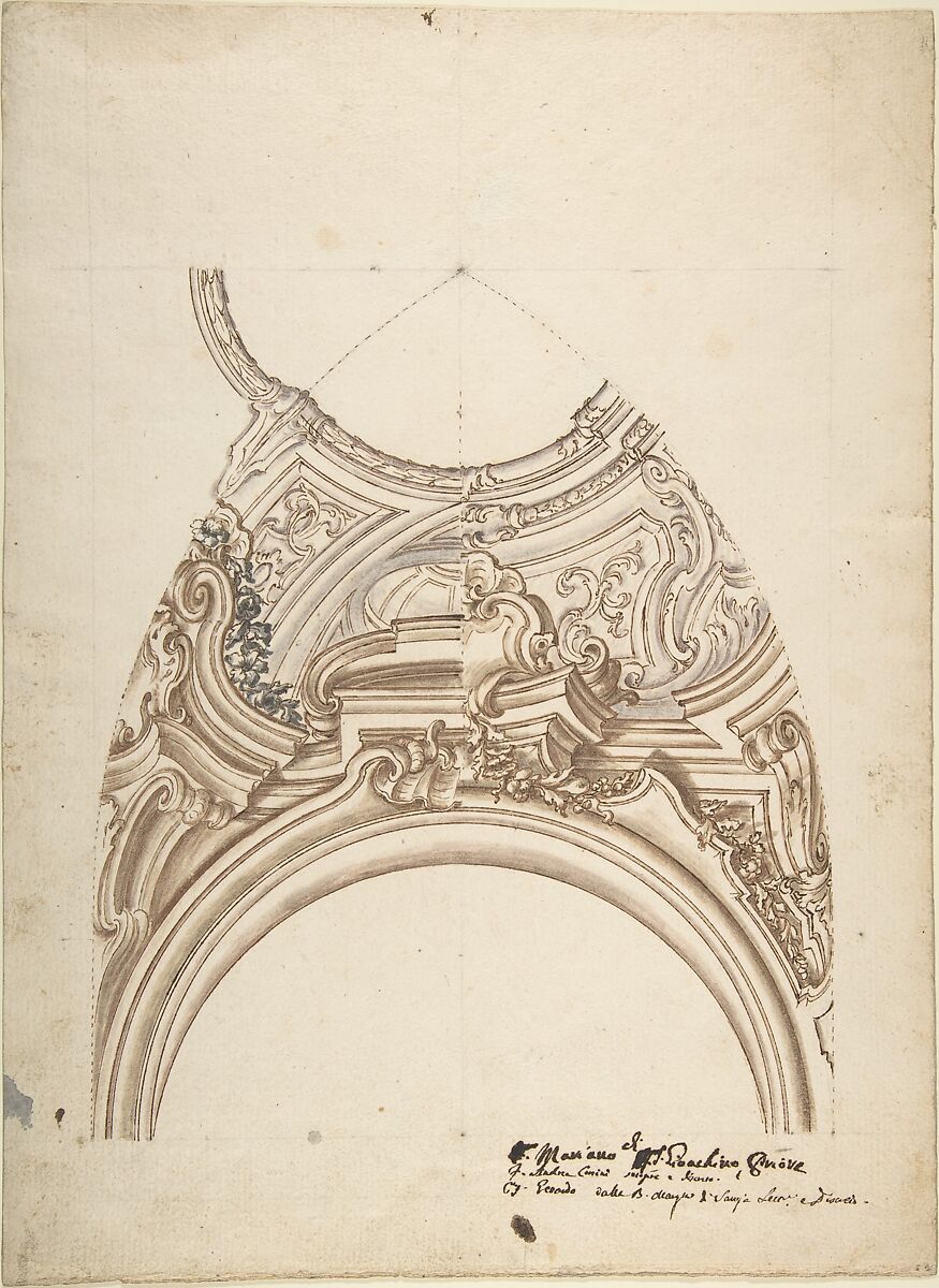 Two Alternate Designs for a Pedentive, Anonymous, Italian, Piedmontese, 18th century, Pen and brown ink, brush with brown, gray and mauve wash over leadpoint, with ruled and compass construction; framing outlines with pen and brown ink 