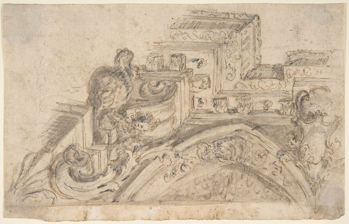 Design for the Corner of a Painted Ceiling seen in  Perspective, Anonymous, Italian, Piedmontese, 18th century, Pen and brown ink, brush and brown wash, over leadpoint or graphite 