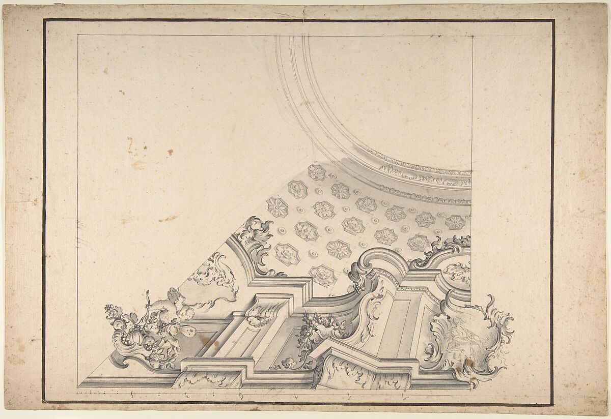 One Half Design for a Painted Ceiling with Central Oval Left Blank, Anonymous, Italian, Piedmontese, 18th century, Pen and gray ink, brush and gray and black wash, over leadpoint or graphite, with ruled and compass construction. Scale in pen and brown ink over graphite, below the drawing 