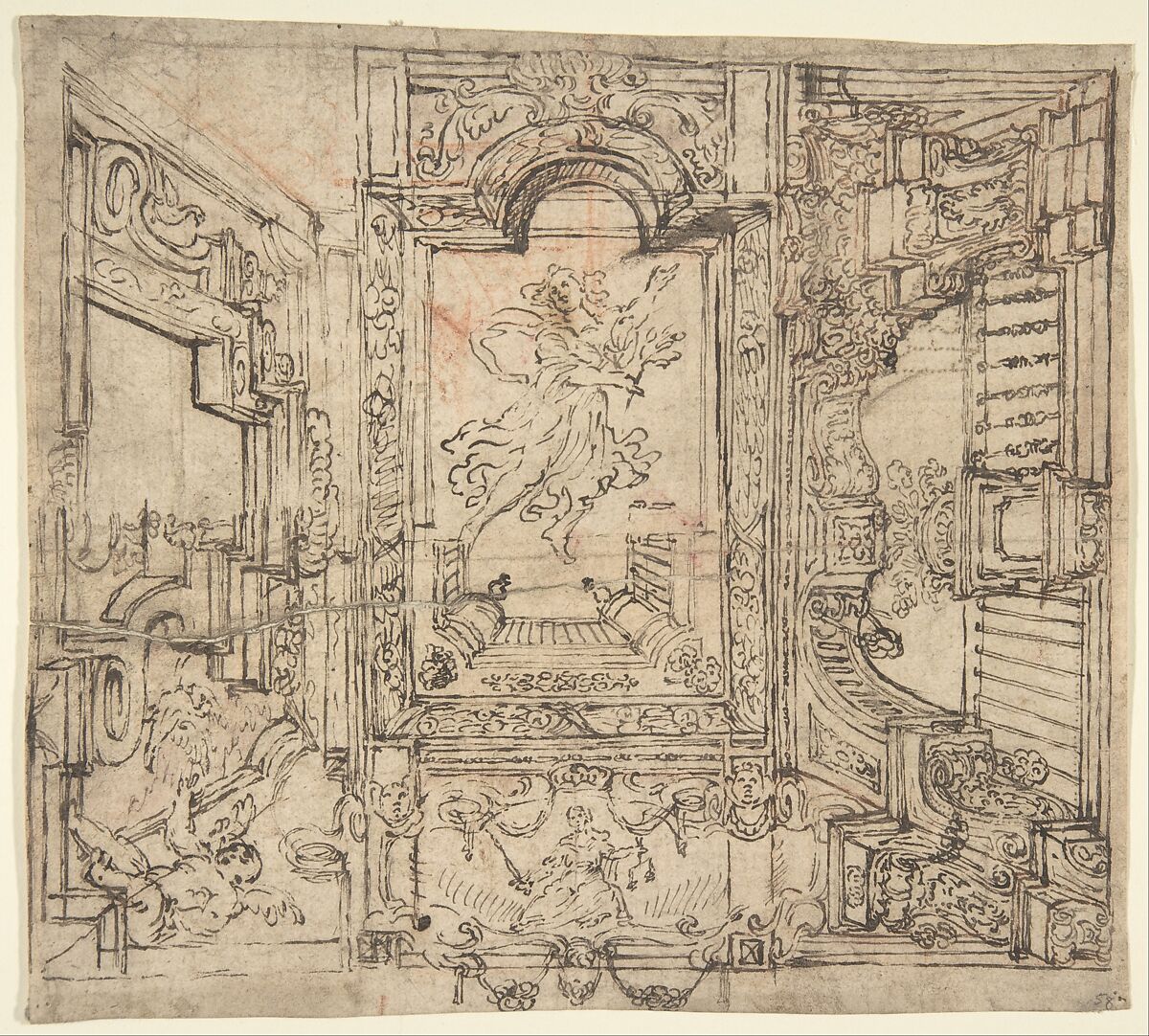 Design for a Painted Ceiling: Perspective Architectural with a Figure at the Center, Anonymous, Italian, Piedmontese, 18th century, Pen and brown ink and red chalk (recto). Pricked for transfer in right part of sheet and at all corners. Pen and brown ink sketches (verso) 