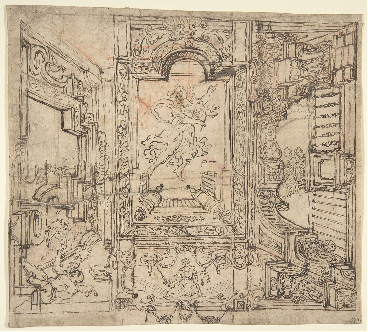 Design for a Painted Ceiling: Perspective Architectural with a Figure at the Center, Anonymous, Italian, Piedmontese, 18th century, Pen and brown ink and red chalk (recto); pricked for transfer in right part of sheet and at all corners; pen and brown ink sketches (verso) 