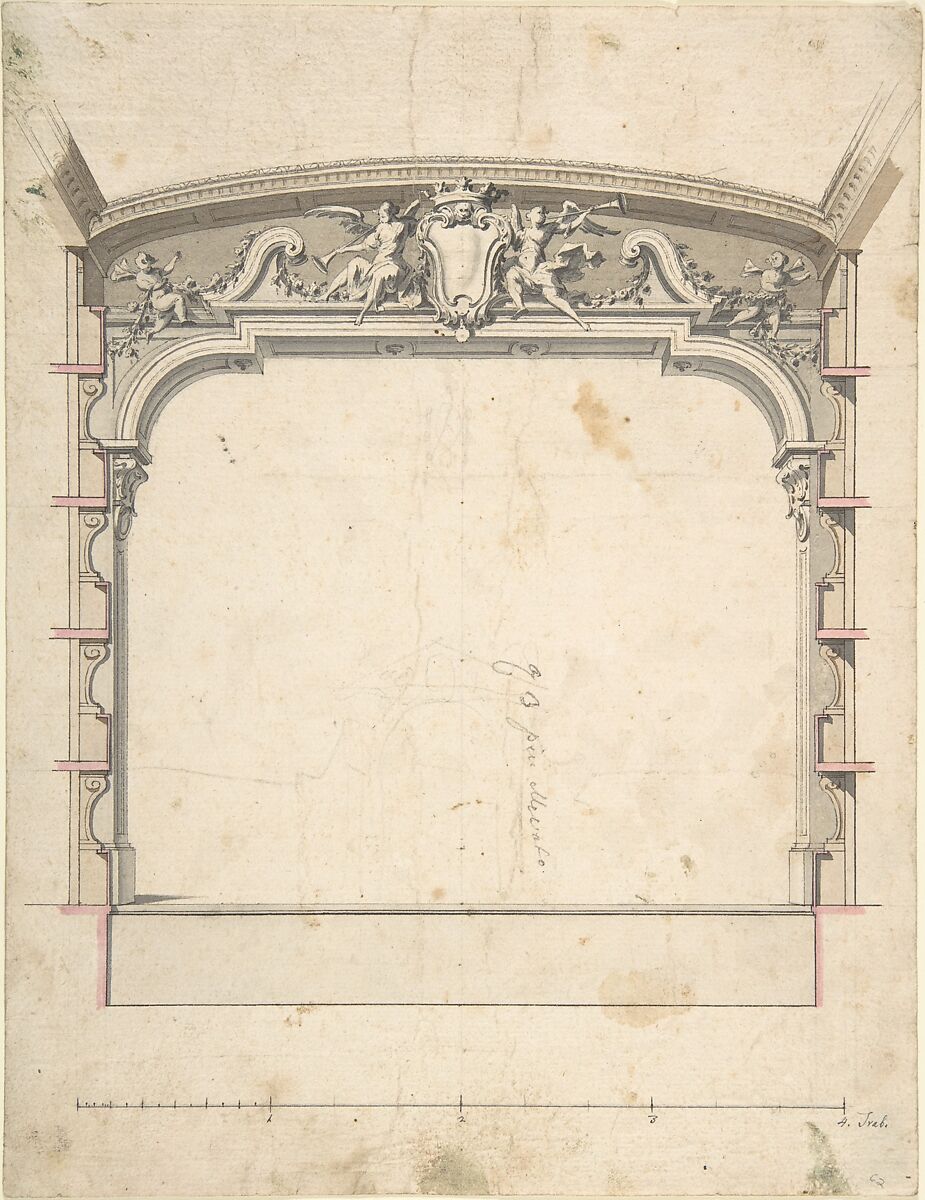 Design for the Proscenium Arch of a Theatre with Two Trumpeting Angels Holding a Cartouche, Anonymous, Italian, Piedmontese, 18th century, Pen and black ink, brush with gray, brown and pink wash, over leadpoint or graphite 