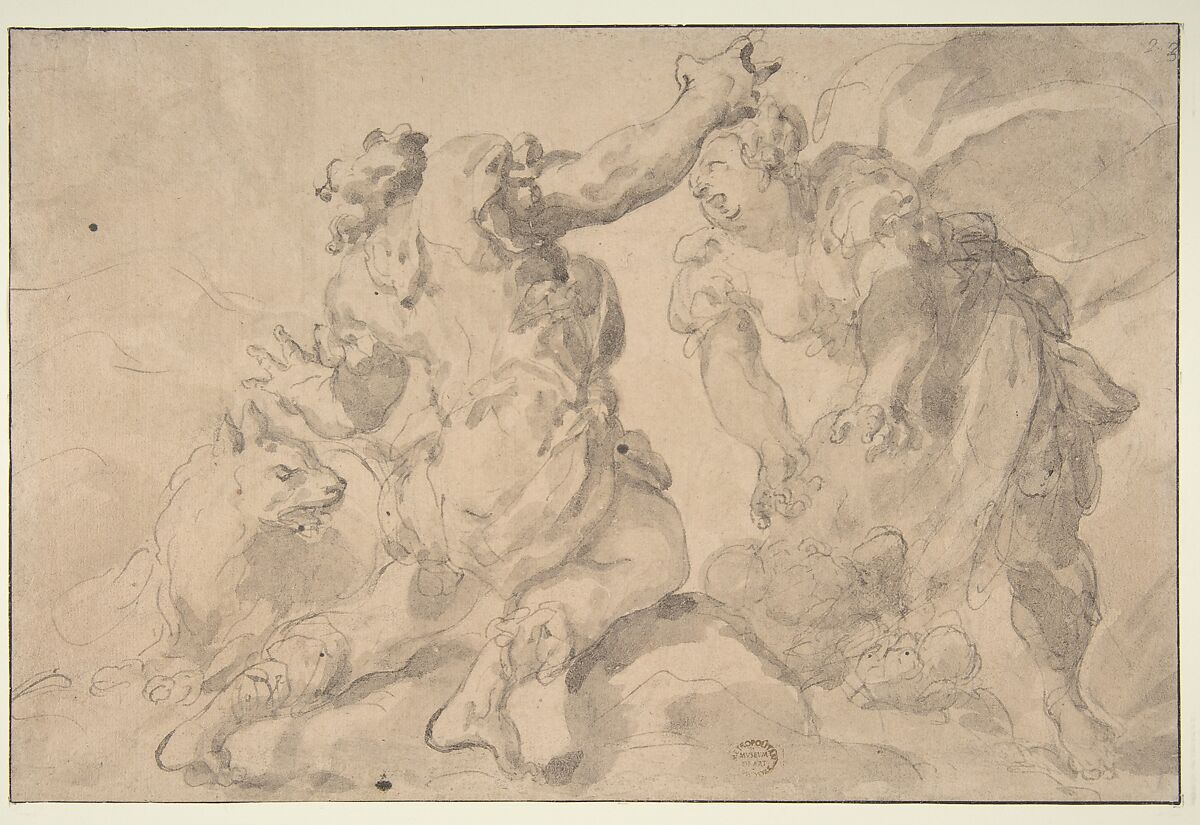 The Discovery of Romulus and Remus (recto); Three Ancient Soldiers (verso), Paolo Pagani (Italian, Castello Valsolda 1661–1716 Milan), Pen and brown ink, brush and brown wash, on brownish paper 