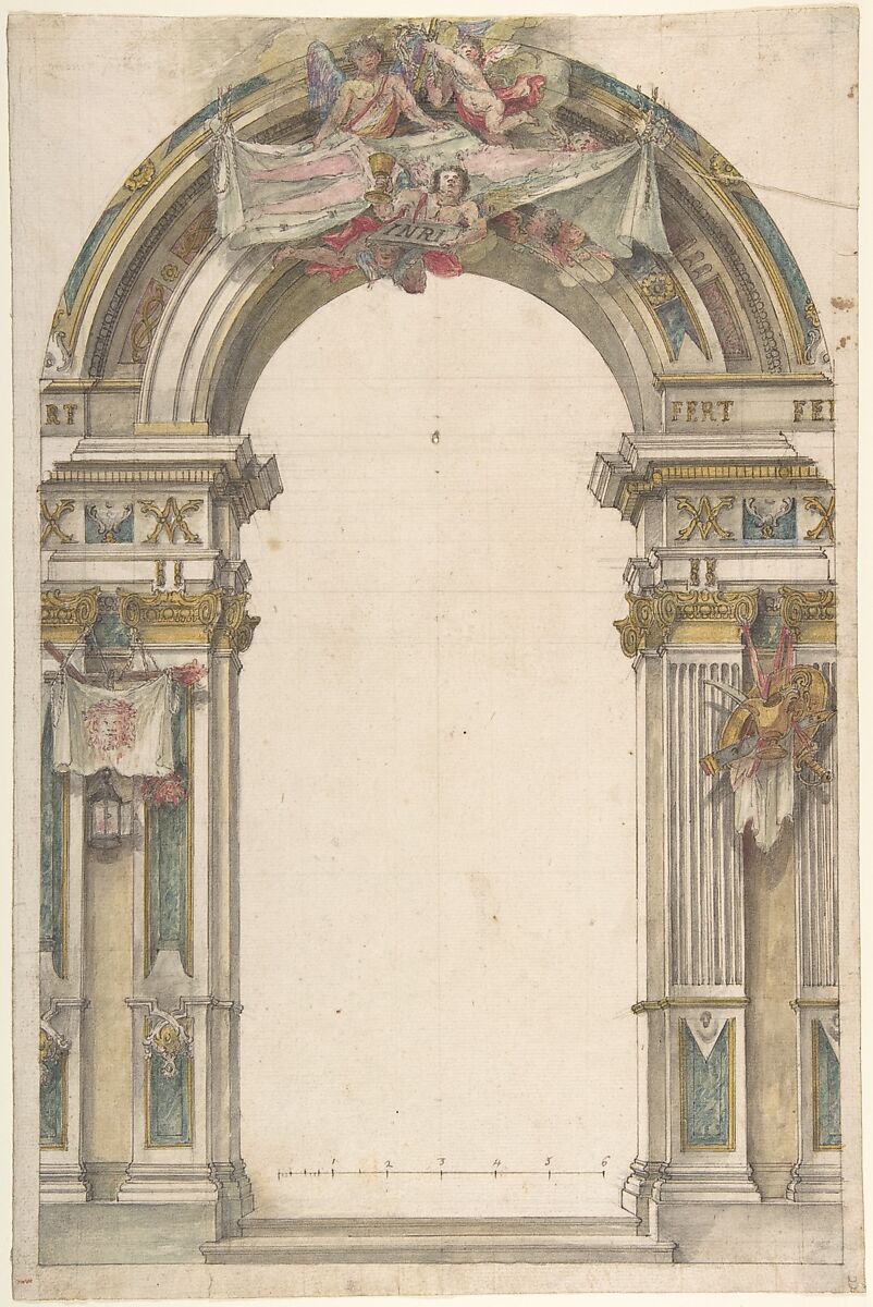 Design for the Entrance to a Chapel, Anonymous, Italian, Piedmontese, 18th century, Pen and gray ink, brush and watercolor, over leadpoint; scale at bottom in pen and gray ink 