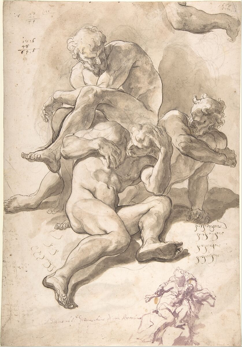 Studies of Three Naked Men, a Right Arm and a Nude Figure Supported by Another (recto); Studies of a Figure with Left Arm Upraised, a Leg, and Putti with Foliage (verso), Paolo Pagani (Italian, Castello Valsolda 1661–1716 Milan), Pen and brown ink, brush and brown wash, over black chalk (the three struggling figures) (recto); pen and purple ink, brush and purple wash (the two figures at lower right) (recto); pen and brown ink, brush and brown wash, over black chalk (verso) 