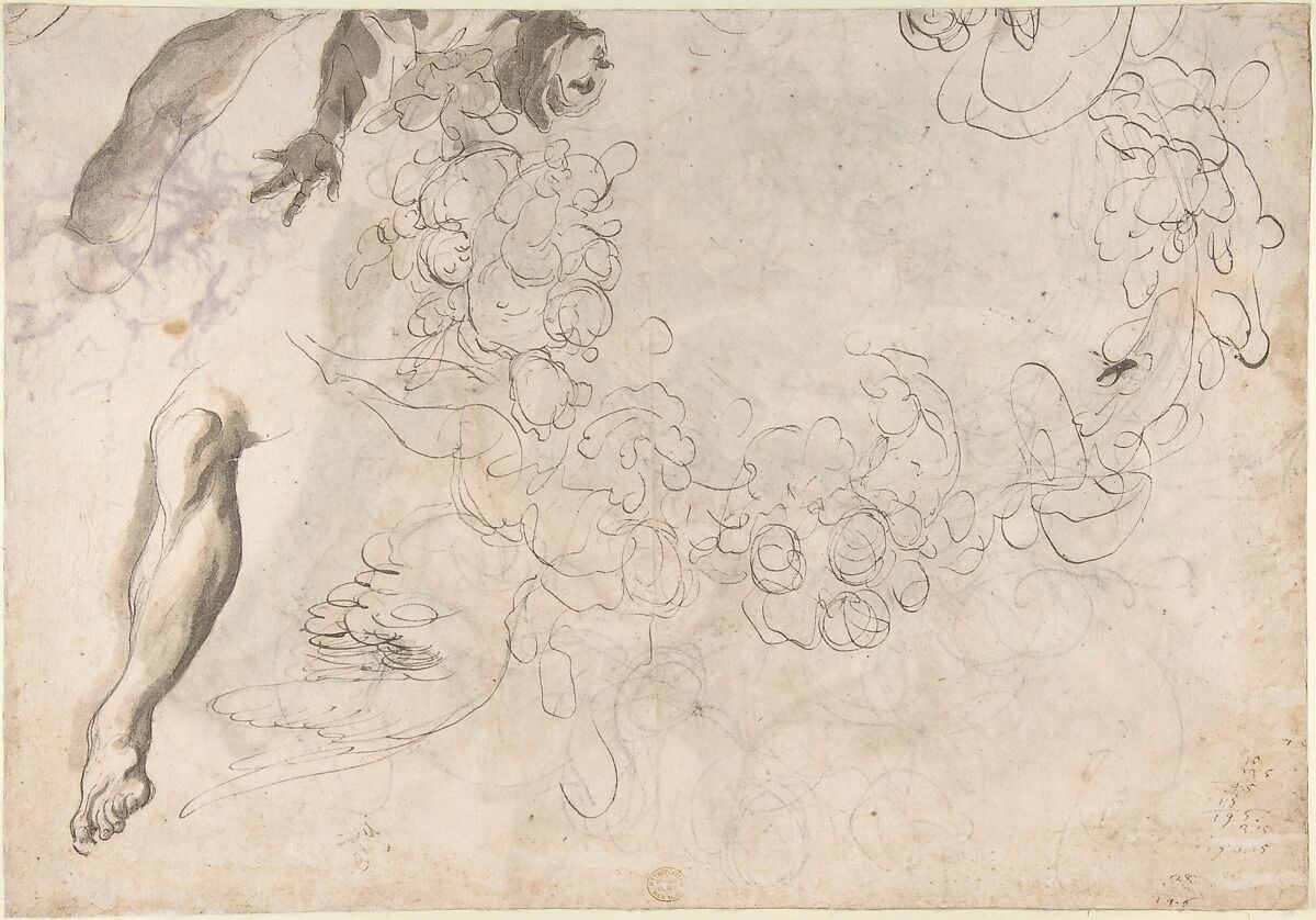 Studies of Three Naked Men, a Right Arm and a Nude Figure Supported by Another (recto); Studies of a Figure with Left Arm Upraised, a Leg, and Putti with Foliage (verso), Paolo Pagani (Italian, Castello Valsolda 1661–1716 Milan), Pen and brown ink, brush and brown wash, over black chalk (the three struggling figures) (recto); pen and purple ink, brush and purple wash (the two figures at lower right) (recto); pen and brown ink, brush and brown wash, over black chalk (verso)