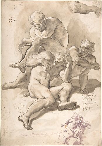 Studies of Three Naked Men, a Right Arm and a Nude Figure Supported by Another (recto); Studies of a Figure with Left Arm Upraised, a Leg, and Putti with Foliage (verso)