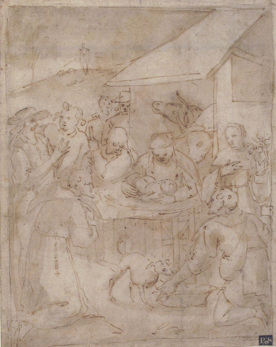 Adoration of the Shepherds, Attributed to Giovanni Battista Paggi (Italian, Genoa 1554–1627 Genoa), Pen and brown ink, brush and brown wash