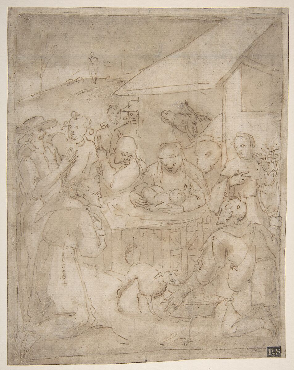 Adoration of the Shepherds, Attributed to Giovanni Battista Paggi (Italian, Genoa 1554–1627 Genoa), Pen and brown ink, brush and brown wash 