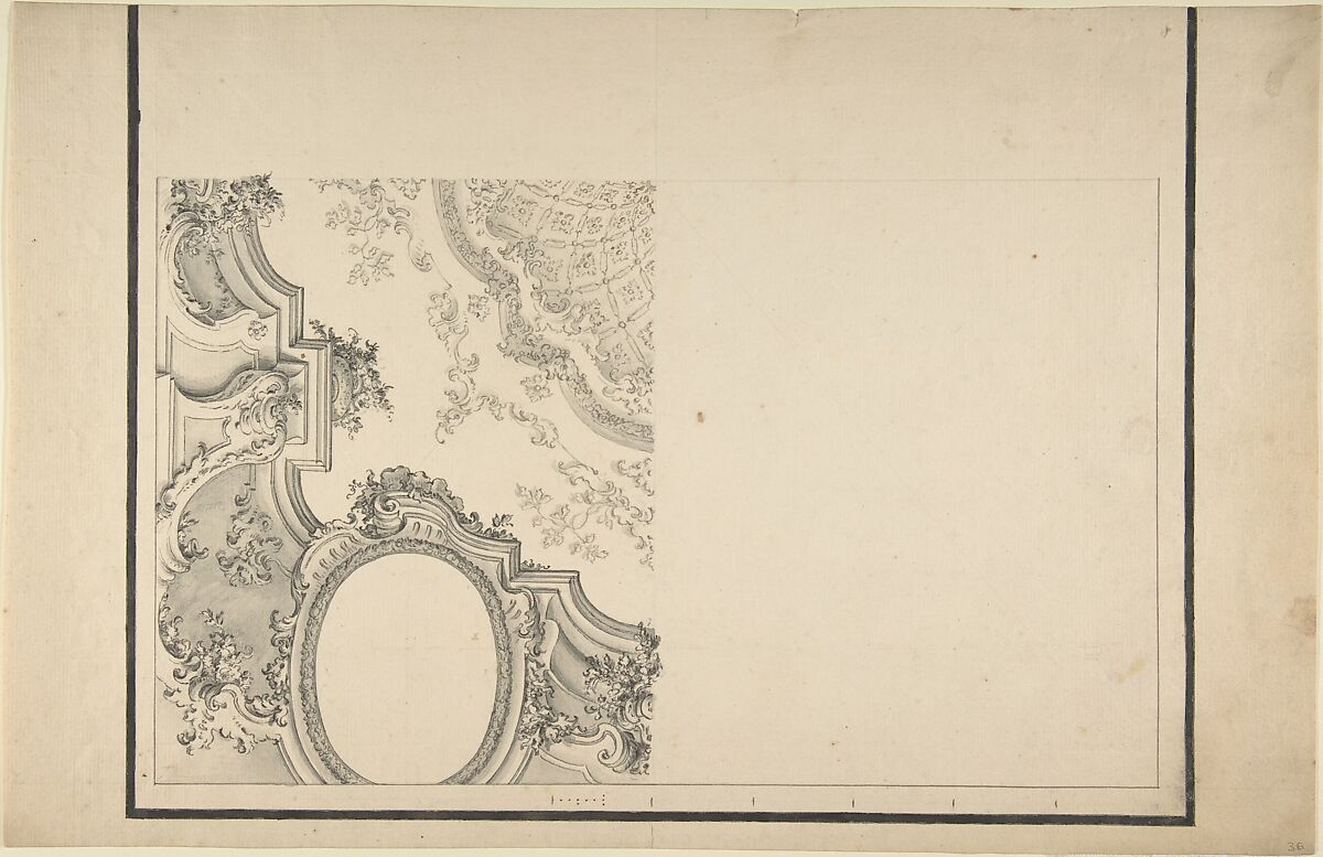 Design for 1/4 of a Ceiling, and Ornamentation of a Section of a Vault, Anonymous, Italian, Piedmontese, 18th century, Pen and black ink, brush and gray wash, over leadpoint or graphite, with ruled construction; framing outline at upper, right, and lower borders in brush and black ink; measuring scale on right border in pen and gray ink over graphite or leadpoint 
