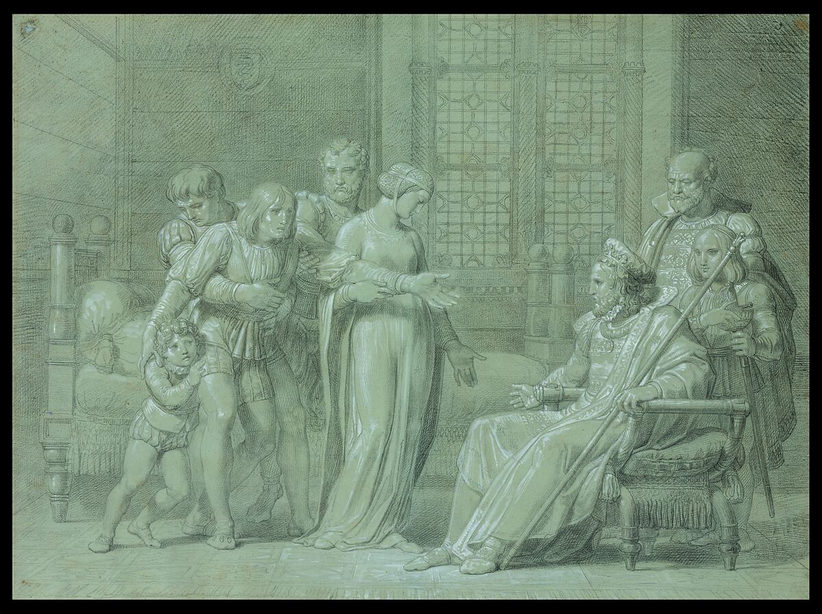 King Charles VIII of France with the Dying Gian Galeazzo Sforza at Pavia, Pelagio Palagi (Italian, Bologna (?) 1775/77–1860 Turin), Graphite, highlighted with white gouache