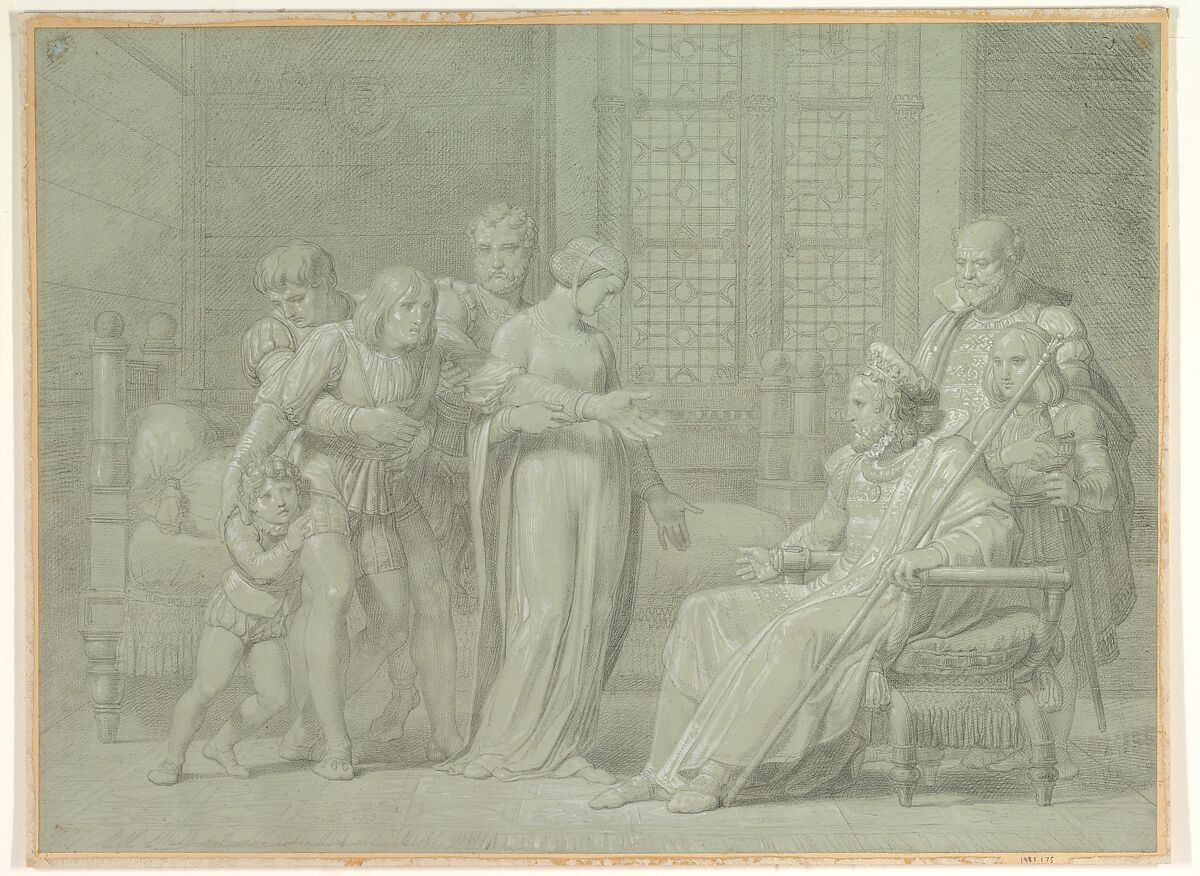 King Charles VIII of France with the Dying Gian Galeazzo Sforza at Pavia, Pelagio Palagi (Italian, Bologna (?) 1775/77–1860 Turin), Graphite, highlighted with white gouache, on green paper 