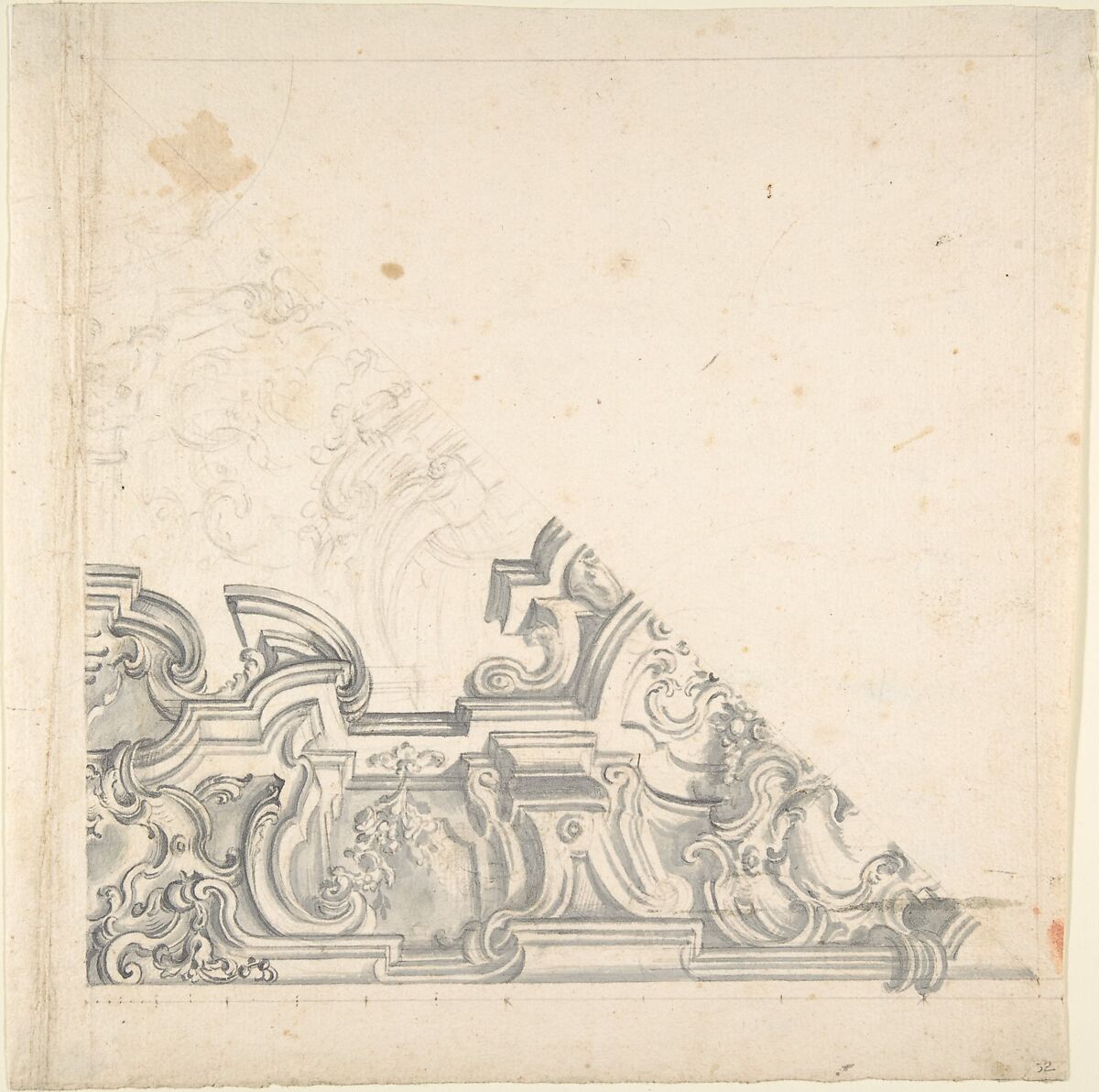 Design for the Cove of a Ceiling, Anonymous, Italian, Piedmontese, 18th century, Pen and gray ink, brush and gray wash, over leadpoint, with ruled and compass construction; framing lines in leadpoint 
