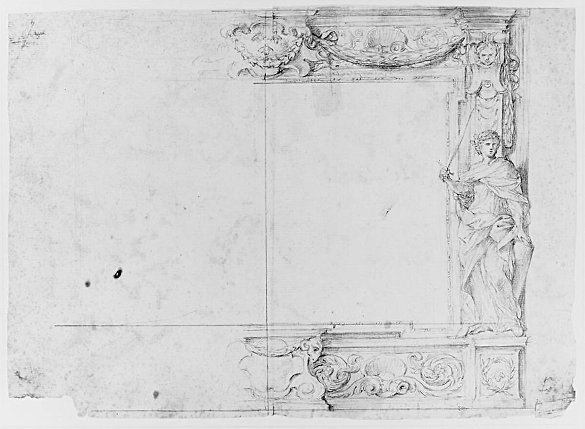 One Half of a Design for a Frame of a Stage Proscenium, with a Figure of Justice at the Right, and the Barberini Arms in a Cartouche at the Top, Giovanni Francesco Romanelli (Italian, Viterbo ca. 1610–1662 Viterbo), Graphite or black chalk on cream laid paper