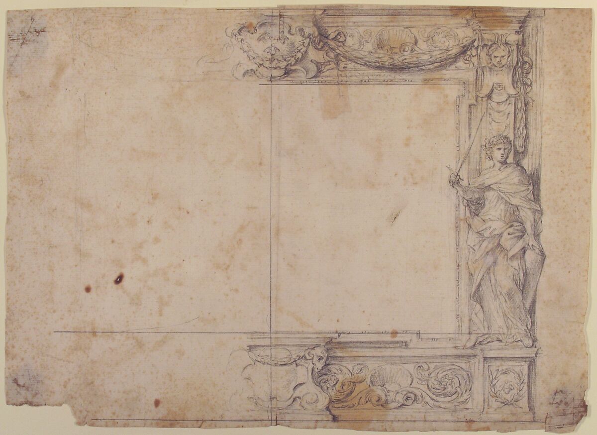 One Half of a Design for a Frame of a Stage Proscenium, with a Figure of Justice at the Right, and the Barberini Arms in a Cartouche at the Top, Giovanni Francesco Romanelli (Italian, Viterbo ca. 1610–1662 Viterbo), Graphite or black chalk on cream laid paper