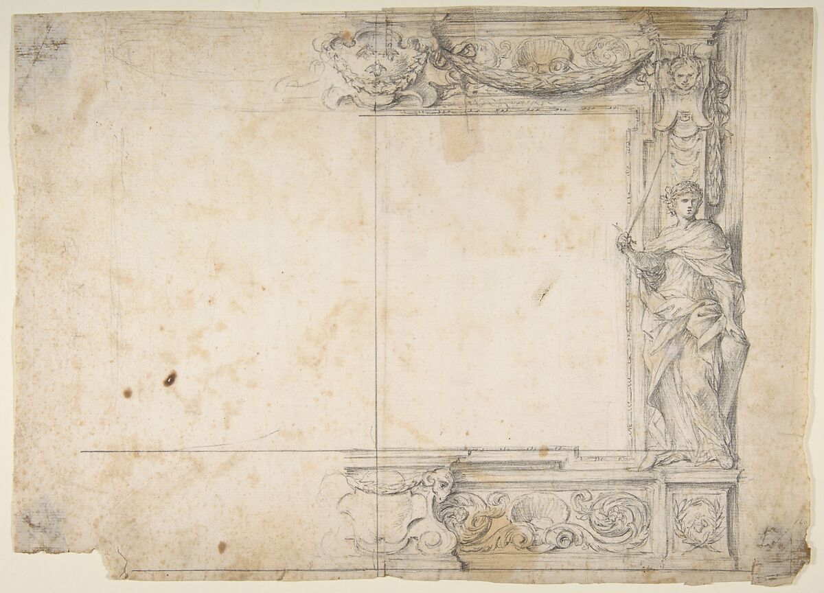 One Half of a Design for a Frame of a Stage Proscenium, with a Figure of Justice at the Right, and the Barberini Arms in a Cartouche at the Top, Giovanni Francesco Romanelli (Italian, Viterbo ca. 1610–1662 Viterbo), Graphite or black chalk on cream laid paper 