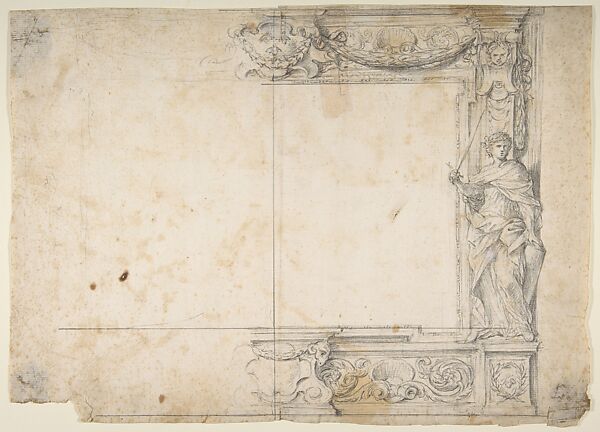 One Half of a Design for a Frame of a Stage Proscenium, with a Figure of Justice at the Right, and the Barberini Arms in a Cartouche at the Top