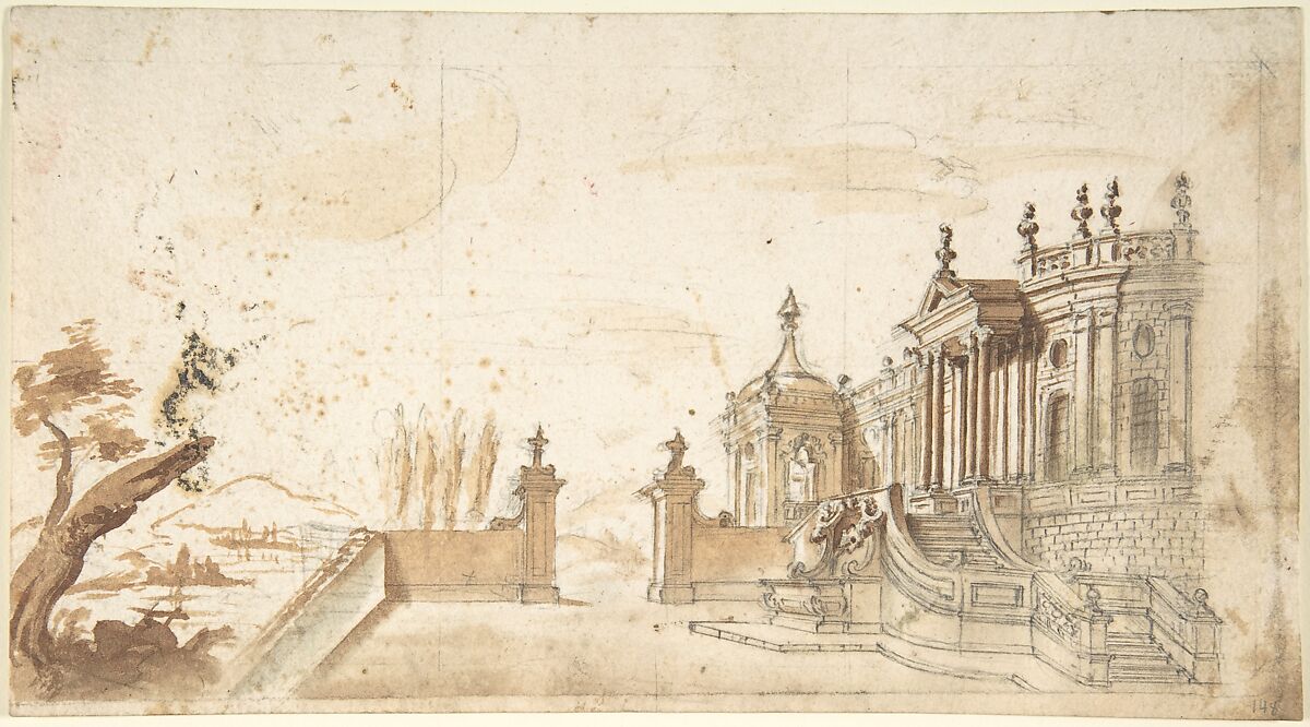 Architectural Fantasy, Anonymous, Italian, Piedmontese, 18th century, Brush and brown wash over black chalk,with ruled construction 