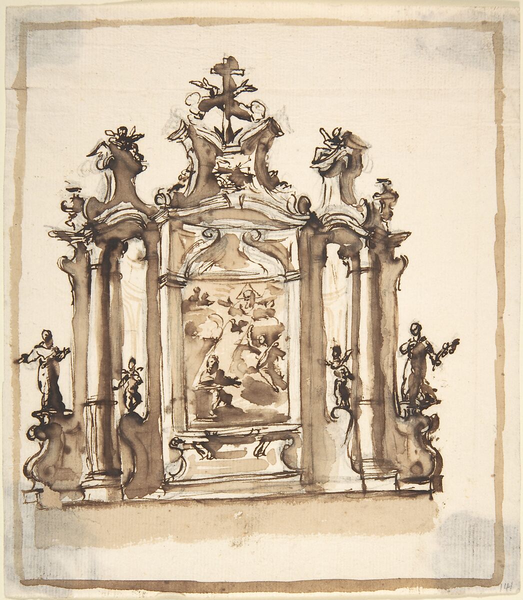 Design for an Altar with the Annunciation in the Central Panel, Anonymous, Italian, Piedmontese, 18th century, Pen and brown ink, brush and brown wash, over lead point or graphite; framing lines in brush and brown wash 