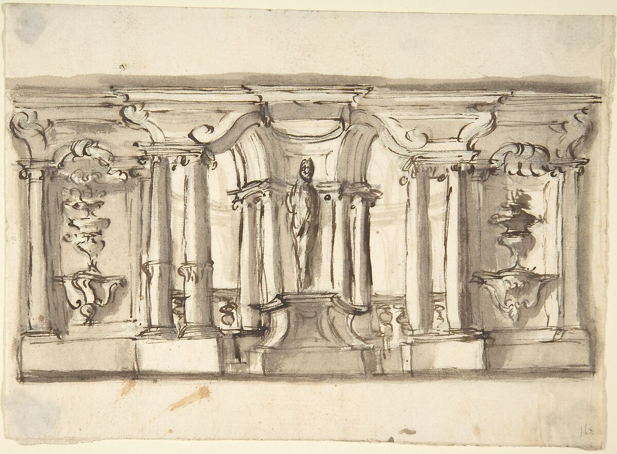 Design for Garden Architecture, Anonymous, Italian, Piedmontese, 18th century, Pen and brown ink, brush and brown wash, heightened with pen and dark brown ink, over leadpoint or graphite 