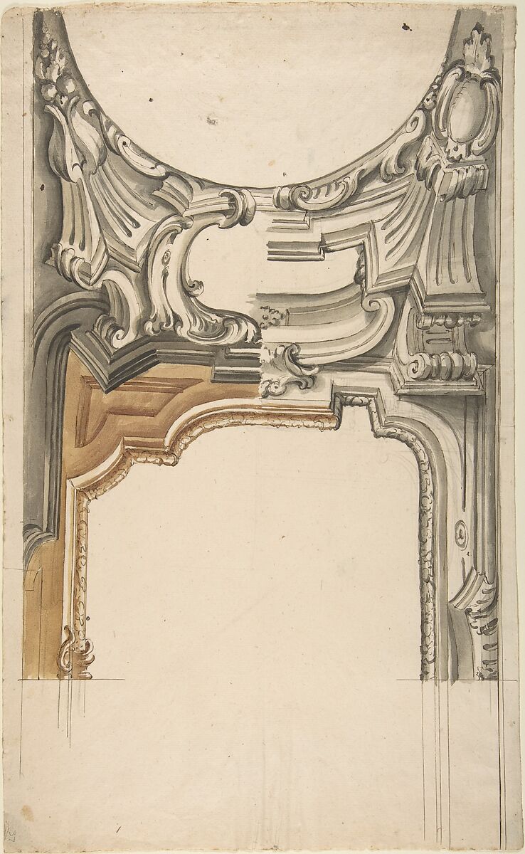 Two Alternate Designs for a Decoration over an Arched Opening with an Ornamental Cove, Anonymous, Italian, Piedmontese, 18th century, Pen and brown ink, brush and green, dark  yellow wash, over leadpoint, with ruled construction 