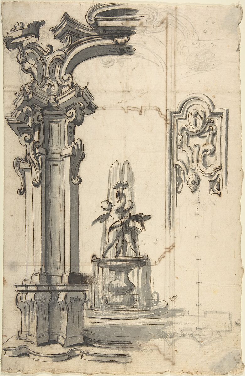 Design for an Arch Through Which Is Seen a Fountain with Two Putti (recto); Design for an Architectural Structure (verso), Anonymous, Italian, Piedmontese, 18th century, Pen and dark brown ink, brush and gray wash over leadpoint (recto); sums and scales in lead point; pen and brown ink over leadpoint (verso) 