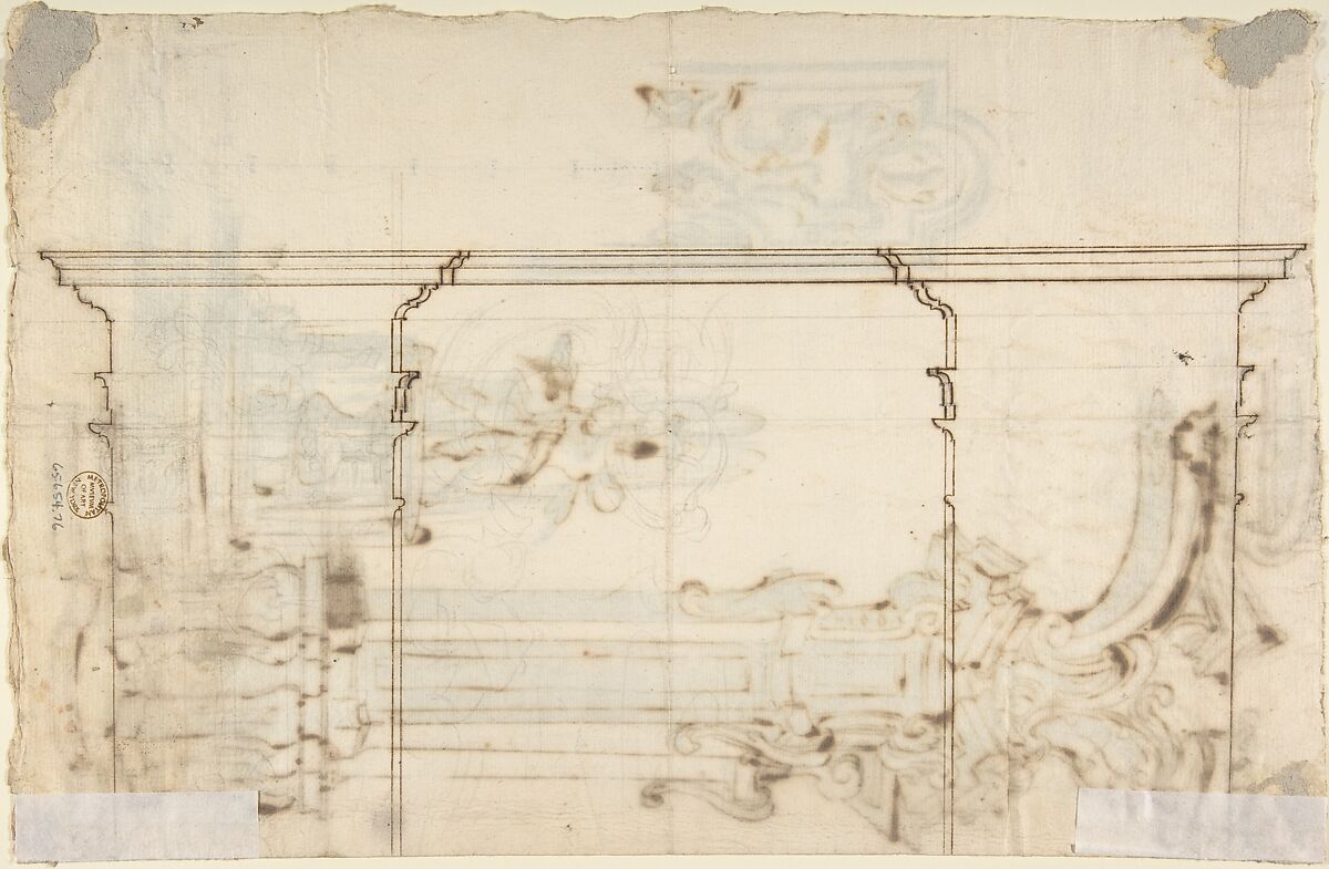 Design for an Arch Through Which Is Seen a Fountain with Two Putti (recto); Design for an Architectural Structure (verso), Anonymous, Italian, Piedmontese, 18th century, Pen and dark brown ink, brush and gray wash over leadpoint (recto); sums and scales in lead point; pen and brown ink over leadpoint (verso)