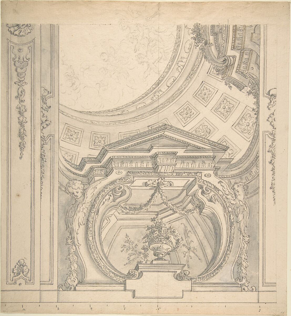 Design for a Ceiling With an Elaborate Cove, Anonymous, Italian, Piedmontese, 18th century, Pen and gray and brown ink, brush and gray wash over black chalk underdrawing, with ruled and compass construction in leadpoint; scales at bottom 