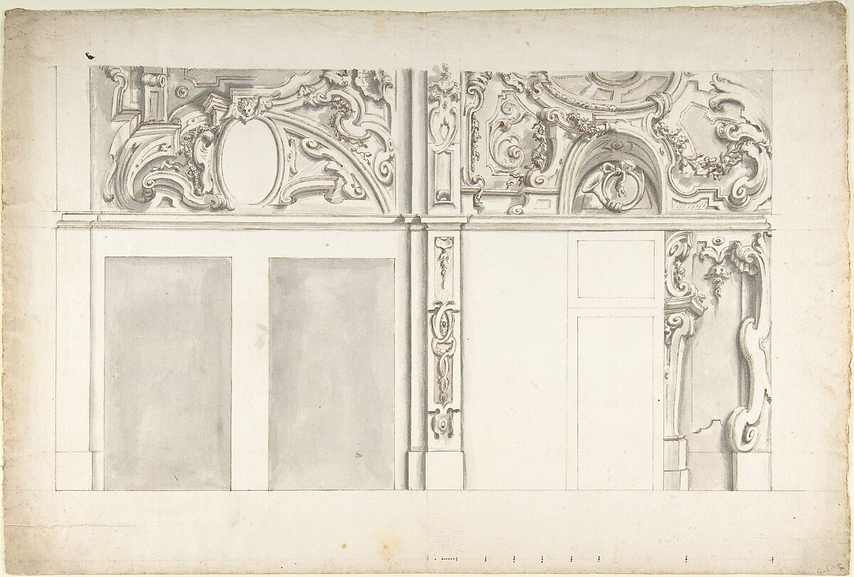 Design for the Elevation of a Wall Interior, Anonymous, Italian, Piedmontese, 18th century, Pen and brown ink, brush and gray wash, over leadpoint or graphite, with ruled and compass construction; framing outlines in pen and brown ink 