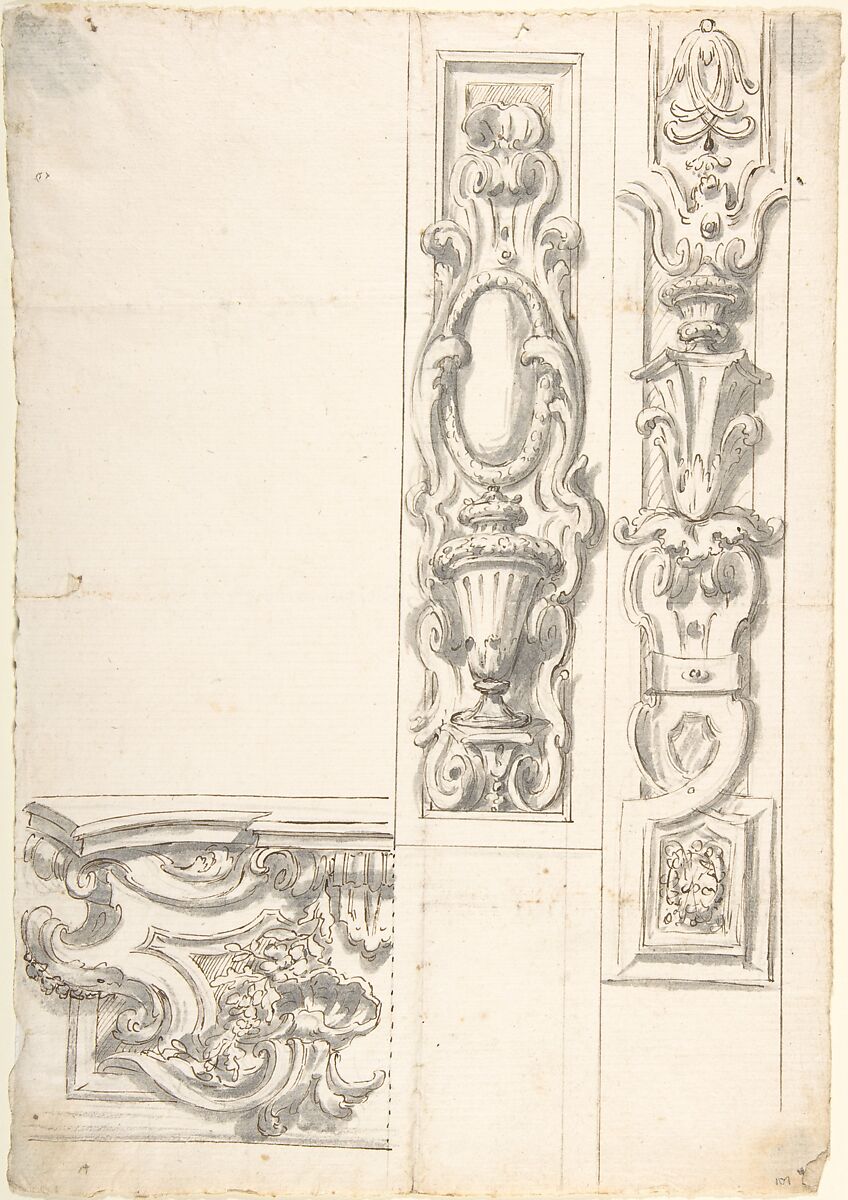 Design for Two Ornamental Upright Panels, and one Ornamental Basamento (?), Anonymous, Italian, Piedmontese, 18th century, Pen and brown ink, brush and gray wash, over leadpoint or graphite, with ruled construction 