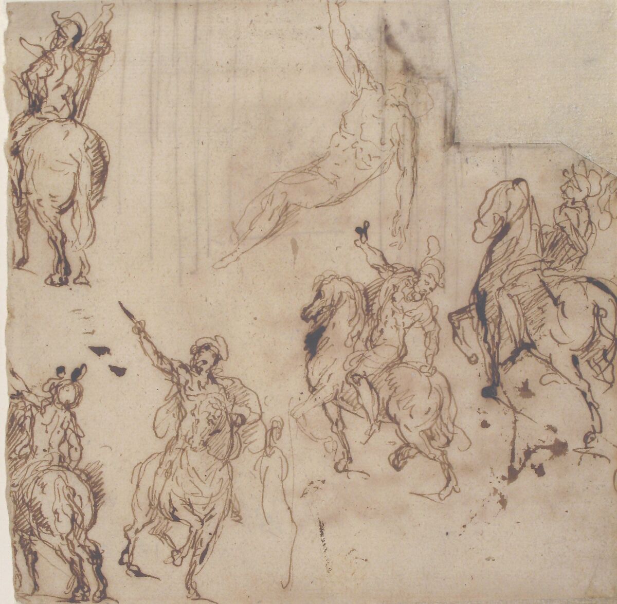 Studies of Horsemen and Study of a Figure for a Deposition (recto); Sketch for an Entablature (verso), Jacopo Palma the Younger (Italian, Venice ca. 1548–1628 Venice), Pen and brown ink