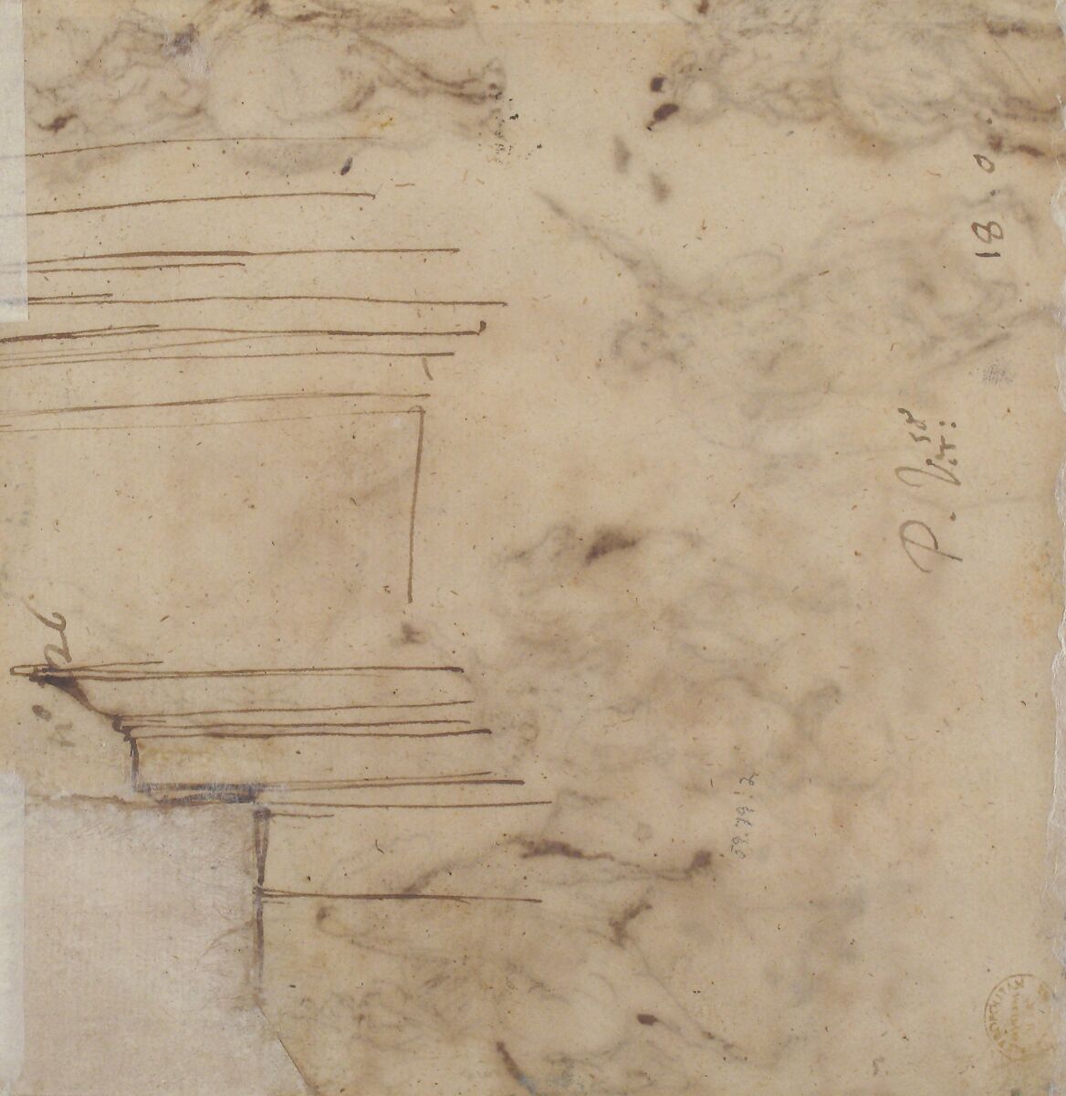 Studies of Horsemen and Study of a Figure for a Deposition (recto); Sketch for an Entablature (verso), Jacopo Palma the Younger (Italian, Venice ca. 1548–1628 Venice), Pen and brown ink