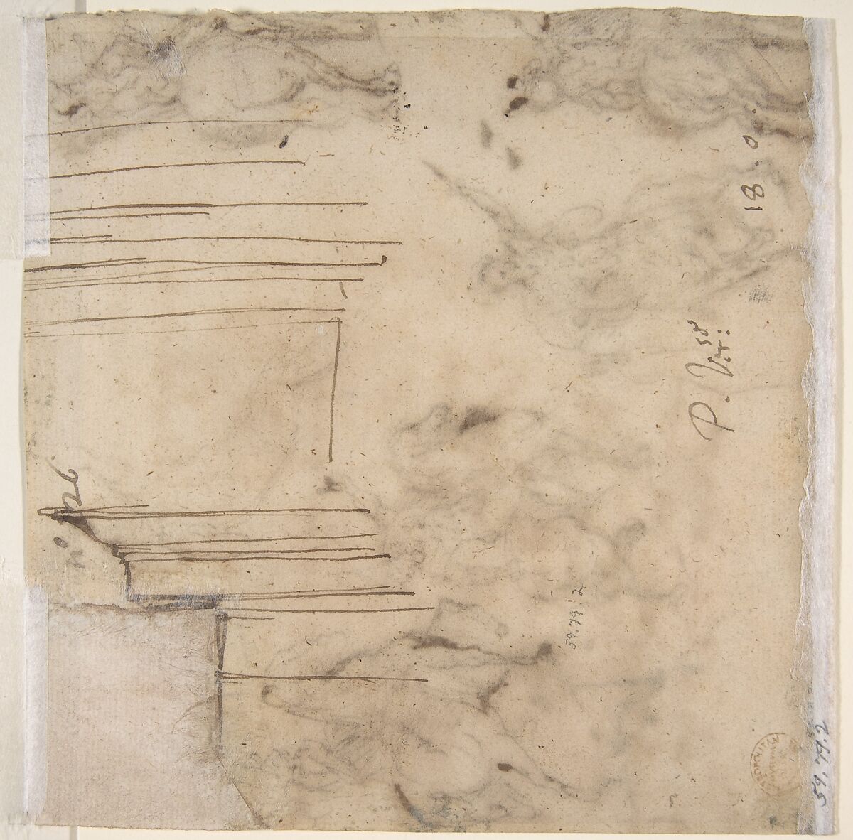 Studies of Horsemen and Study of a Figure for a Deposition (recto); Sketch for an Entablature (verso), Jacopo Palma the Younger (Italian, Venice ca. 1548–1628 Venice), Pen and brown ink