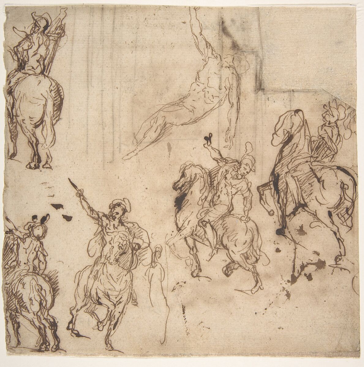 Studies of Horsemen and Study of a Figure for a Deposition (recto); Sketch for an Entablature (verso), Jacopo Palma the Younger (Italian, Venice ca. 1548–1628 Venice), Pen and brown ink 