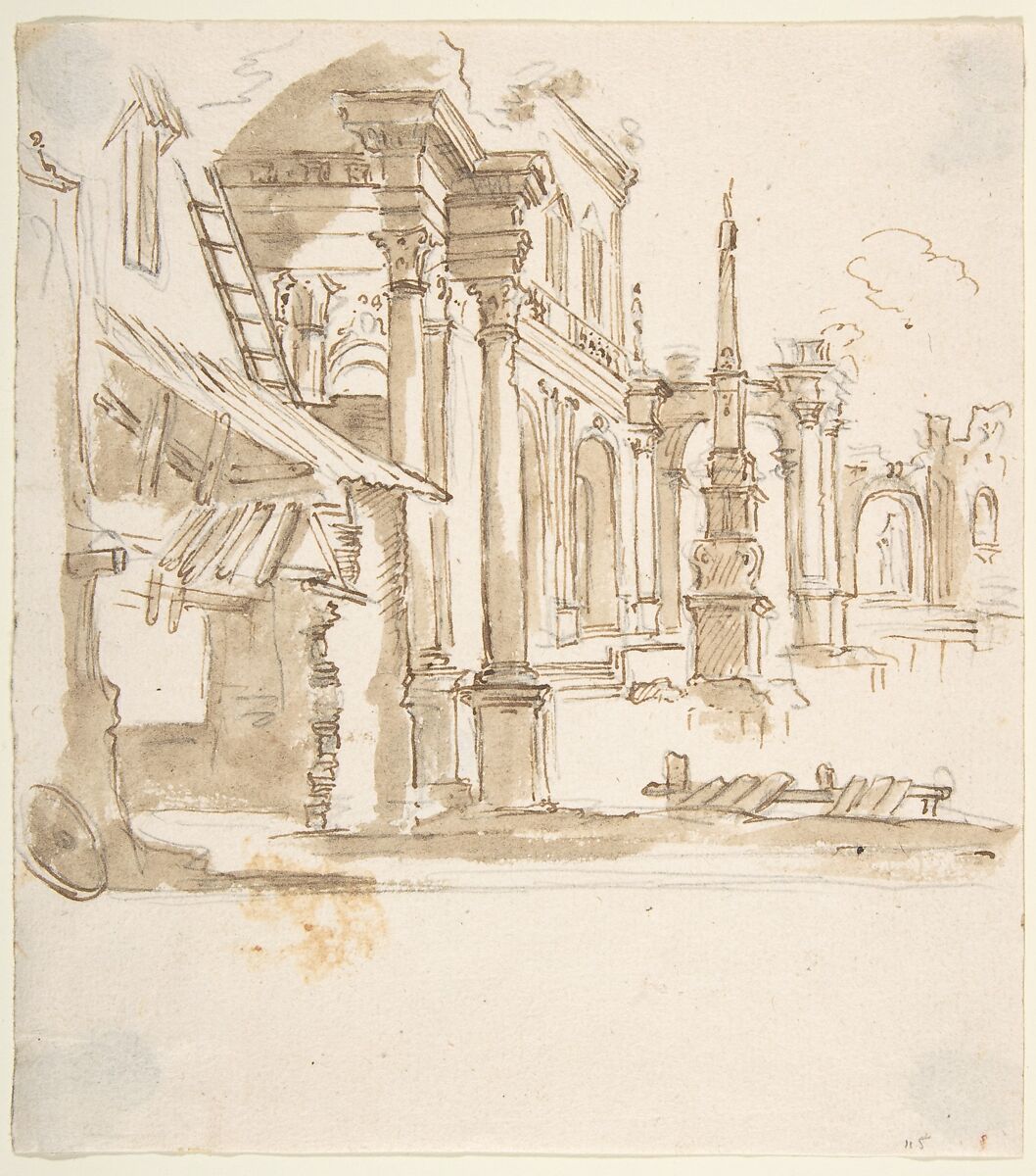 Capriccio with Architectural Ruins in Perspective, Anonymous, Italian, Piedmontese, 18th century, Pen and brown ink, brush and brown wash, over leadpoint or graphite 
