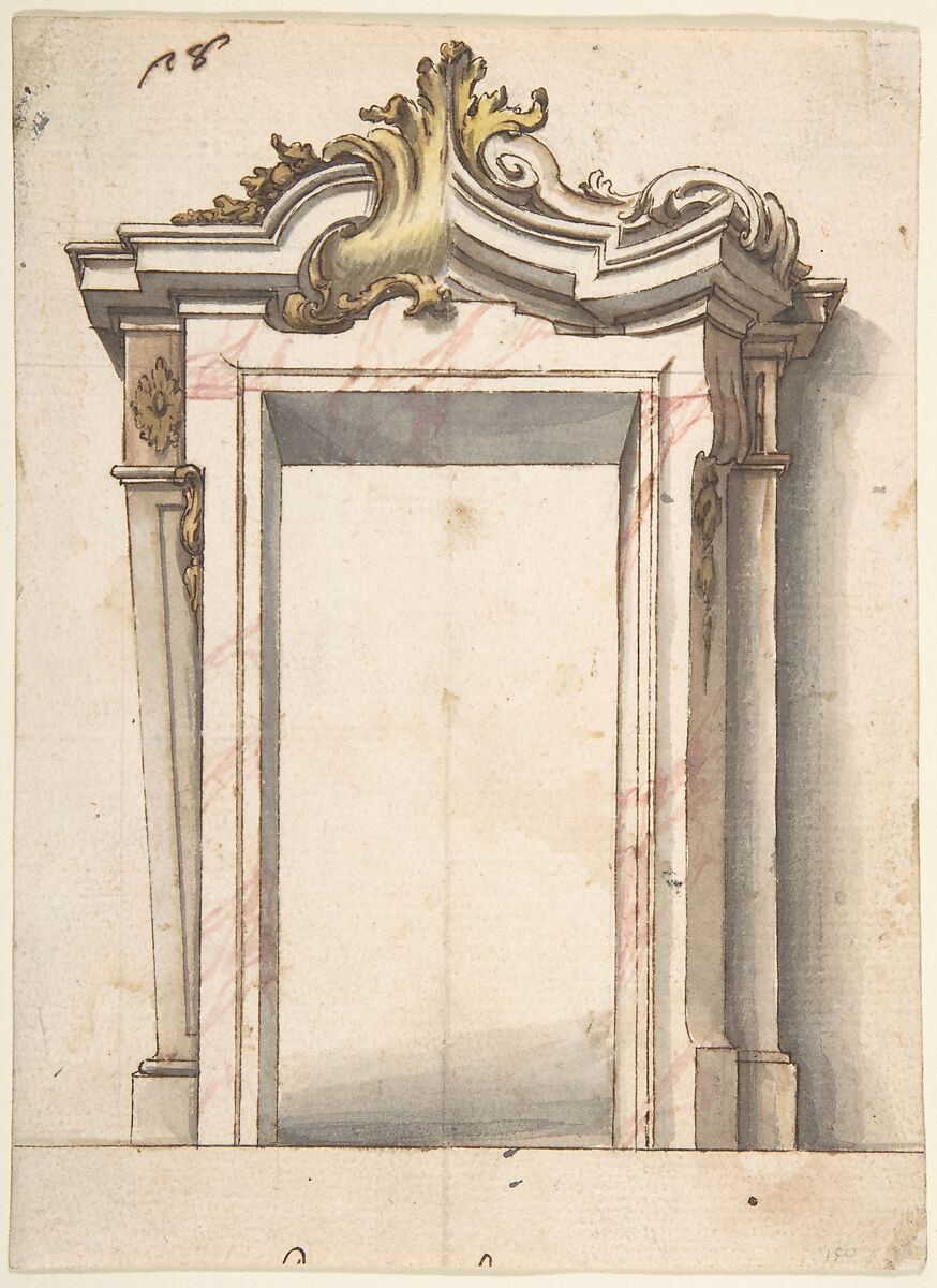Two Alternate Designs for a Doorway, Anonymous, Italian, Piedmontese, 18th century, Pen and brown ink, brush and brown, gray, yellow, and red wash, over leadpoint or graphite 