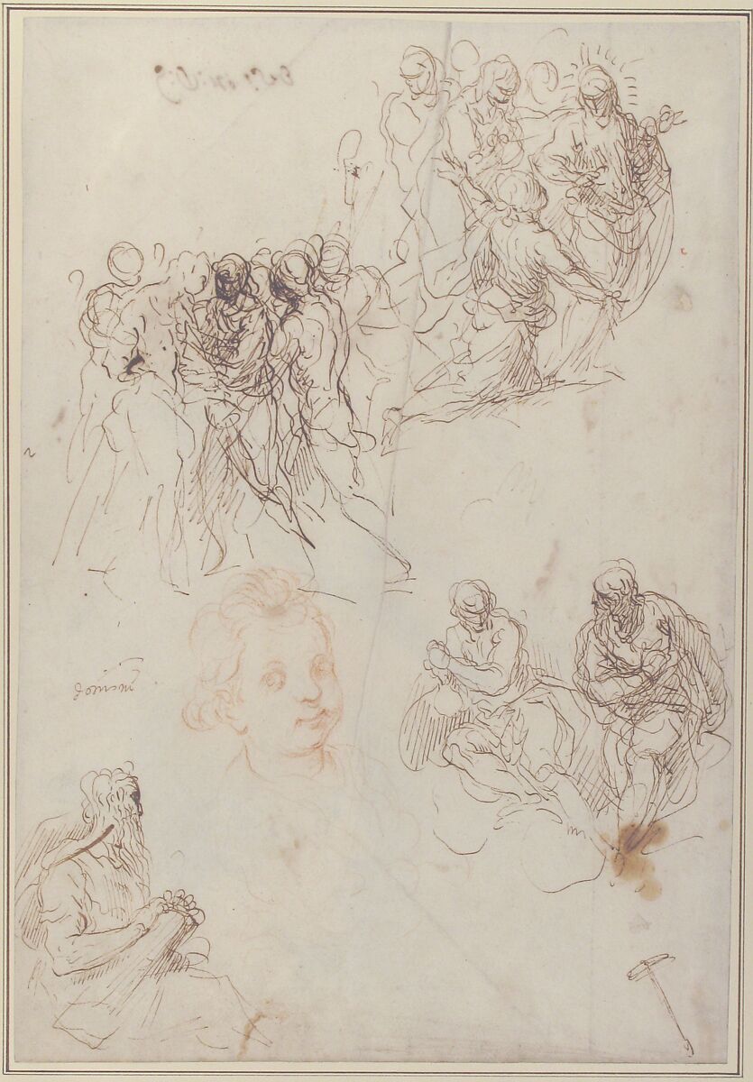 Figure Studies: The Arrest of Christ?, Christ and the Canaanite Woman, Seated Male Figures, and Head of a Child (recto); Studies of an Arm, and of the Heads of an Old Man and Young Woman (verso), Jacopo Palma the Younger (Italian, Venice ca. 1548–1628 Venice), Pen and brown ink, red chalk for child's head (recto); black chalk (verso)