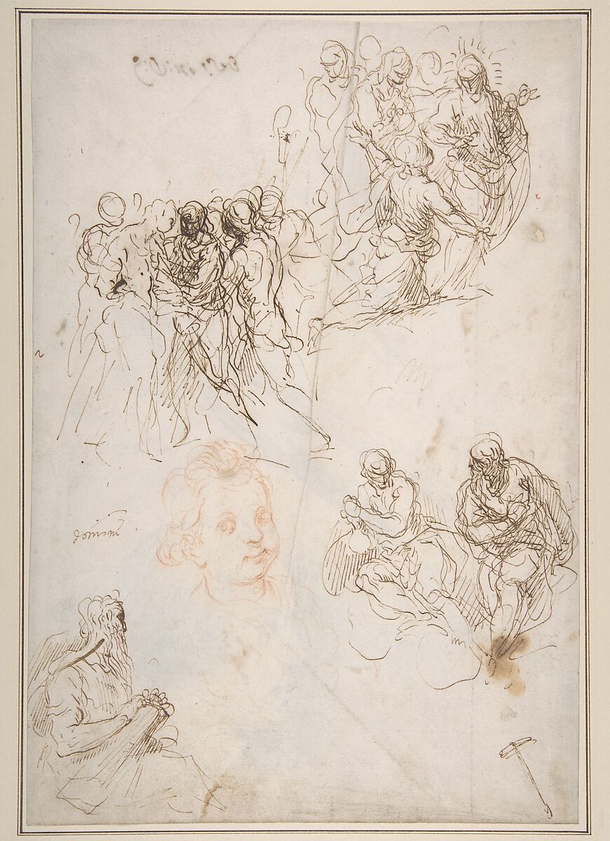 Figure Studies: The Arrest of Christ?, Christ and the Canaanite Woman, Seated Male Figures, and Head of a Child (recto); Studies of an Arm, and of the Heads of an Old Man and Young Woman (verso), Jacopo Palma the Younger (Italian, Venice ca. 1548–1628 Venice), Pen and brown ink, red chalk for child's head (recto); black chalk (verso) 