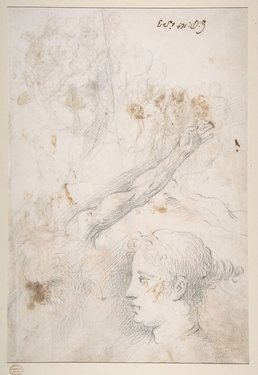 Figure Studies: The Arrest of Christ?, Christ and the Canaanite Woman, Seated Male Figures, and Head of a Child (recto); Studies of an Arm, and of the Heads of an Old Man and Young Woman (verso), Jacopo Palma the Younger (Italian, Venice ca. 1548–1628 Venice), Pen and brown ink, red chalk for child's head (recto); black chalk (verso)