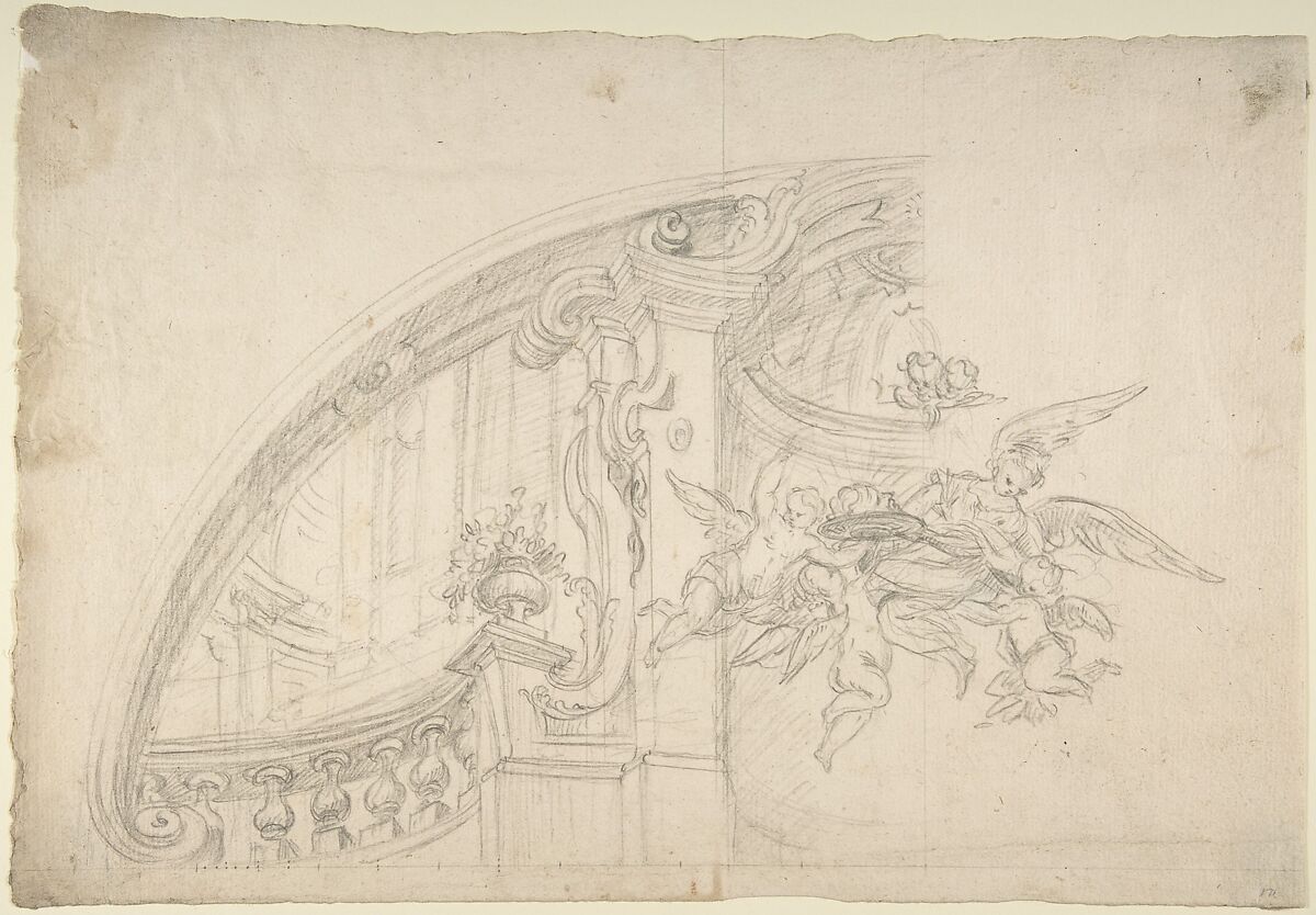 Sketch for the Rear Arched Area of a Chapel, with an Angel and Three Putti Holding Up a Plate with the Head of the Baptist, Anonymous, Italian, Piedmontese, 18th century, Graphite with compass and ruled constructions; scale below in graphite 