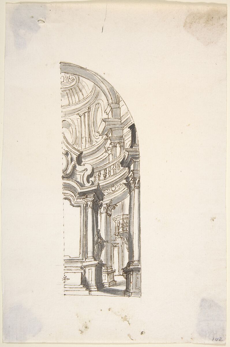 One Half of a Design for a Chapel, Anonymous, Italian, Piedmontese, 18th century, Pen and brown ink, brush and gray wash, over leadpoint or graphite. Partial dotted framing outlines 