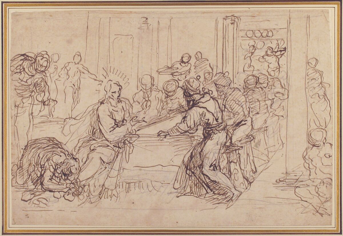 Penitent Woman Anointing the Feet of Christ at the Table of Simon the Pharisee, Jacopo Palma the Younger (Italian, Venice ca. 1548–1628 Venice), Pen and brown ink, over black chalk