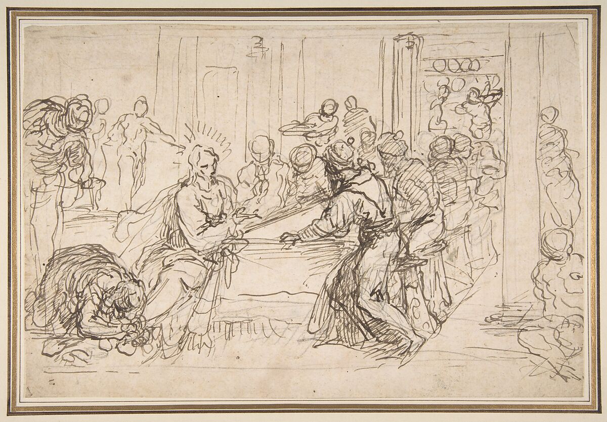 Penitent Woman Anointing the Feet of Christ at the Table of Simon the Pharisee, Jacopo Palma the Younger (Italian, Venice ca. 1548–1628 Venice), Pen and brown ink, over black chalk 