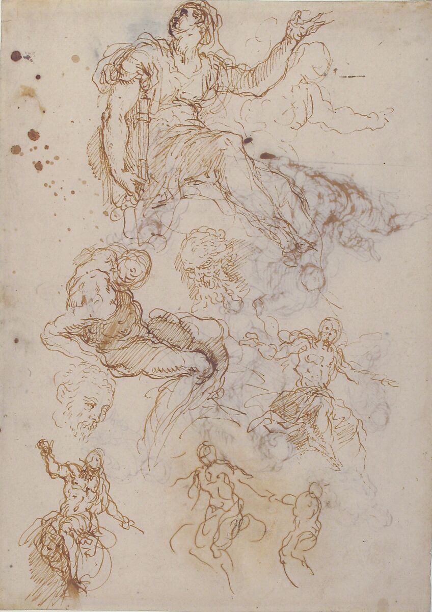 Figure Studies: Seated Female Holding a Book, Two Heads of Bearded Men, Seated Male Nude, and Four Sketches for Christ Judging (recto); Studies for Cain Slaying Abel (verso), Jacopo Palma the Younger (Italian, Venice ca. 1548–1628 Venice), Pen and brown ink