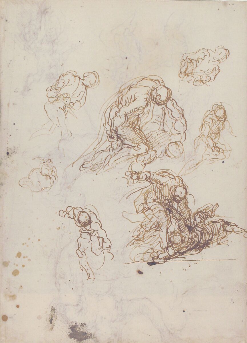Figure Studies: Seated Female Holding a Book, Two Heads of Bearded Men, Seated Male Nude, and Four Sketches for Christ Judging (recto); Studies for Cain Slaying Abel (verso), Jacopo Palma the Younger (Italian, Venice ca. 1548–1628 Venice), Pen and brown ink