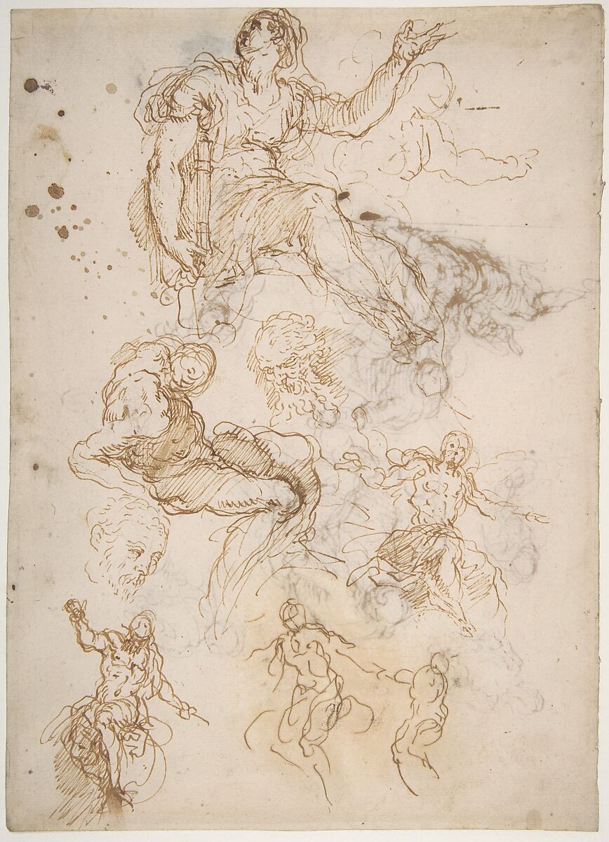 Figure Studies: Seated Female Holding a Book, Two Heads of Bearded Men, Seated Male Nude, and Four Sketches for Christ Judging (recto); Studies for Cain Slaying Abel (verso), Jacopo Palma the Younger (Italian, Venice ca. 1548–1628 Venice), Pen and brown ink 