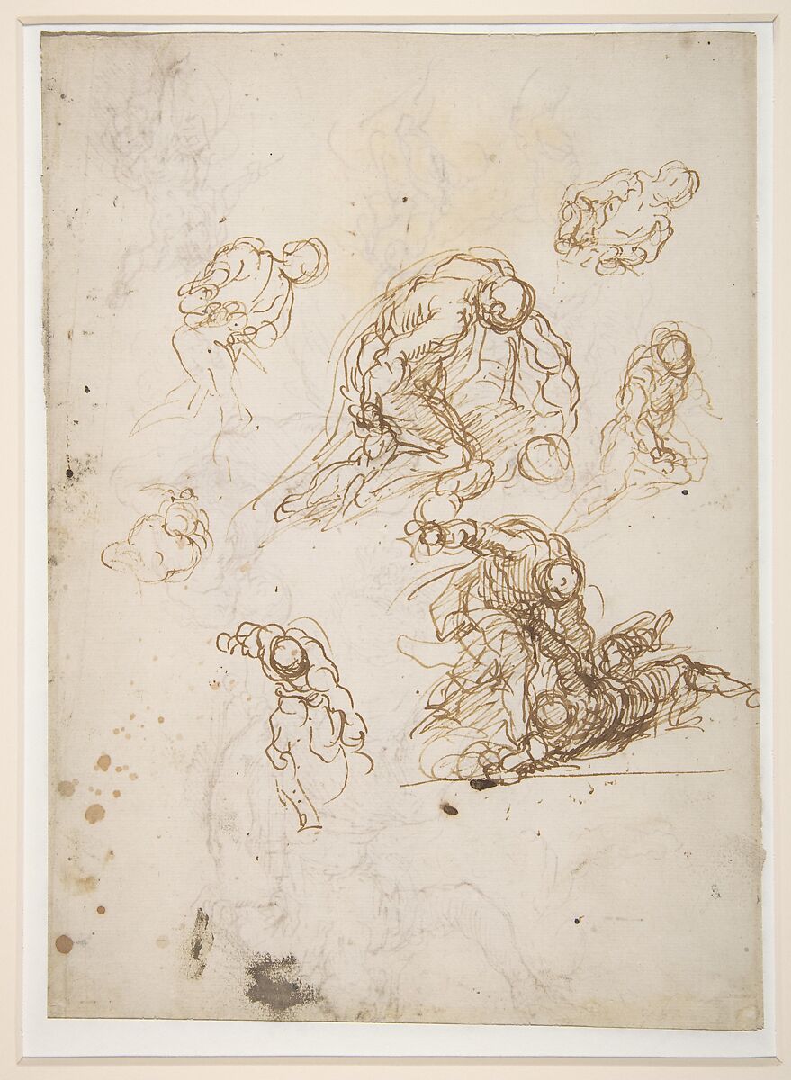 Figure Studies: Seated Female Holding a Book, Two Heads of Bearded Men, Seated Male Nude, and Four Sketches for Christ Judging (recto); Studies for Cain Slaying Abel (verso), Jacopo Palma the Younger (Italian, Venice ca. 1548–1628 Venice), Pen and brown ink