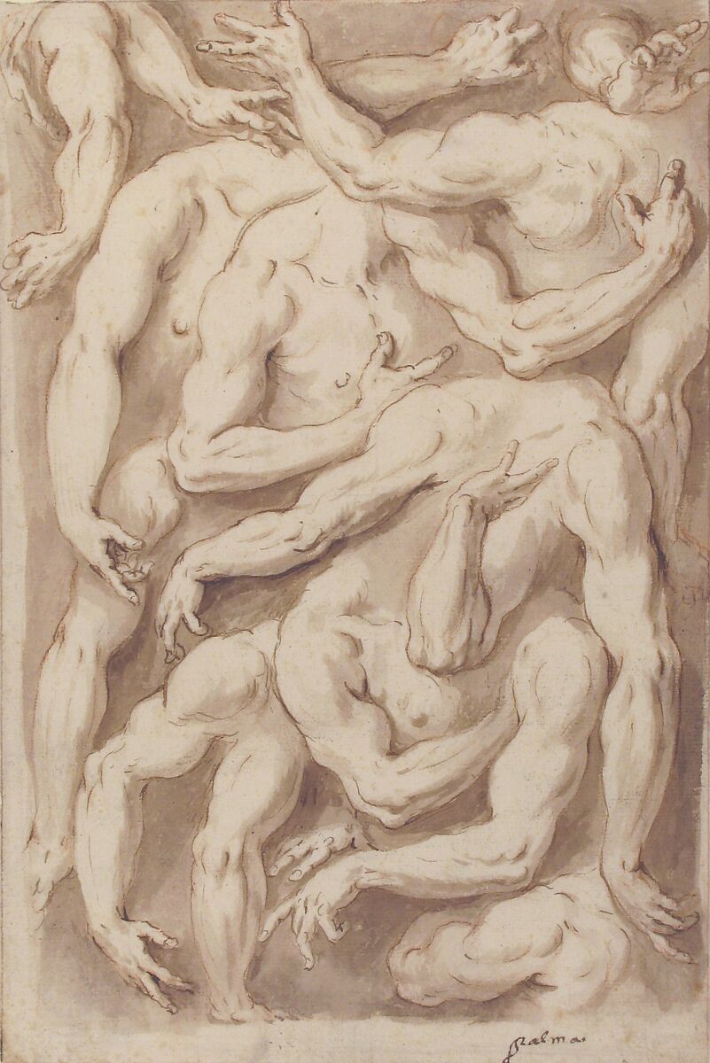Studies of Arms, Shoulders and Hands, Giacomo Franco (Italian, Venice 1550–1620 Venice), Pen and brown ink, brush and brown wash, over red chalk