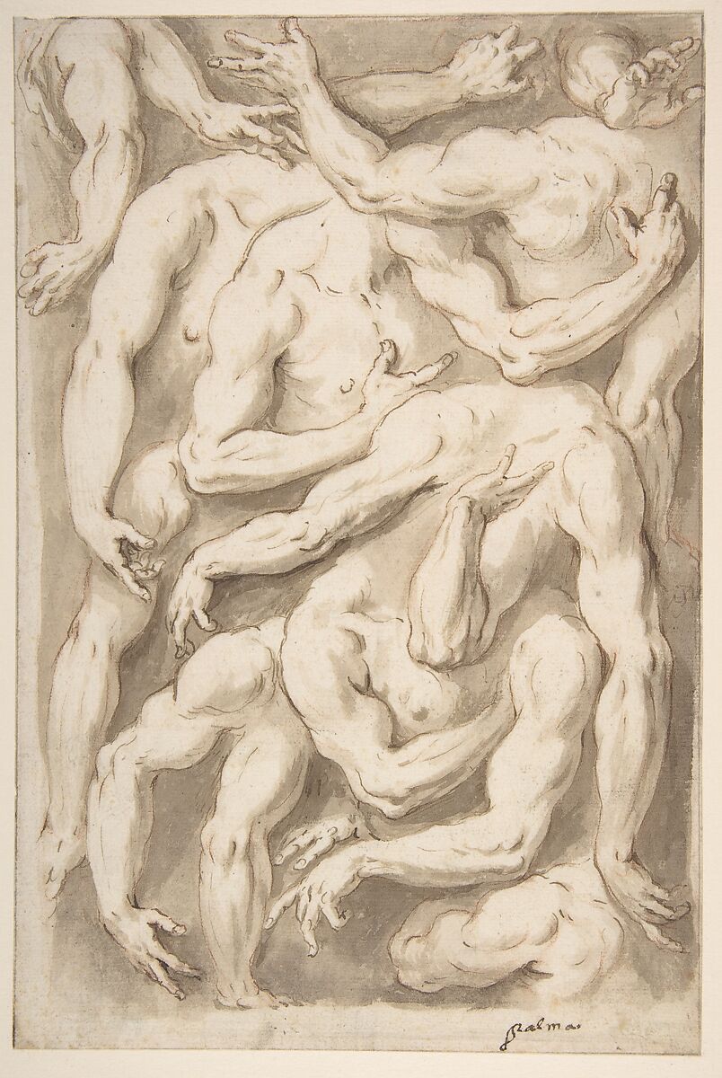 Studies of Arms, Shoulders and Hands, Giacomo Franco (Italian, Venice 1550–1620 Venice), Pen and brown ink, brush and brown wash, over red chalk 
